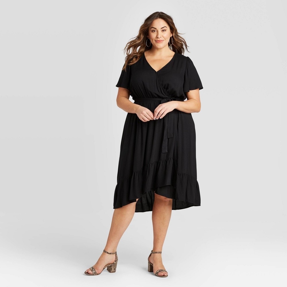 Women's Plus Size Short Sleeve Wrap Dress - Ava & Viv Black 1X NWT